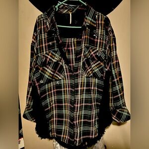 Free People Plaid Button Down Shirt - Black and Pink